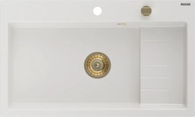 Mexen Omar granieten gootsteen 1-komorige 800 x 480 mm, wit, gouden sifon - 6520801005-20-G
