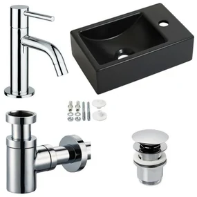 Plieger Houston fonteinset 37x23cm kraangat rechts met chrome koudwaterkraan, sifon en waste mat zwart 0830240/0520069/sw161792/sw238035/sw243172/