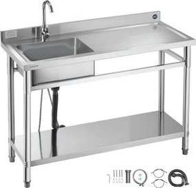 VEVOR RVS spoelbak (120 x 50 x 94 cm), enkele kom met kraan en plank, keukengootsteen voor garage, restaurant, wasruimte, buitenwasbak met werkblad (rechts)