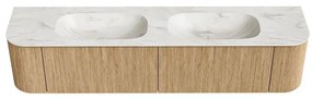 Mondiaz Kurve-dlux 200cm badmeubel ronding links/rechts oak met 2 lades en deuren en wastafel stor small dubbel zonder kraangat ostra