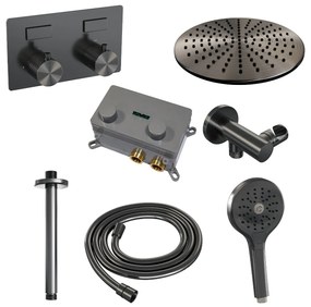 Brauer Gunmetal Carving thermostatische inbouw regendouche met 3 standen handdouche, plafondarm en hoofddouche 30cm set 60 gunmetal geborsteld PVD