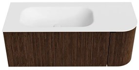 Mondiaz Kurve 115cm badmeubel ronding rechts walnut met 1 lade en deur en wastafel big small links zonder kraangat