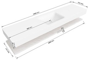 Zaro Alan badmeubel 190cm met planchet washed oak en vrijhangende wastafel cloud midden 1 kraangat talc
