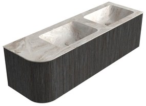 Mondiaz Kurve-dlux 145cm badmeubel ronding links shadow met 1 lade en deur en wastafel leaf dubbel/rechts zonder kraangat frappe