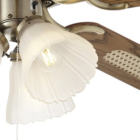 Plafondventilator messing met hout print en rotan 108cm met trekschakelaar - Mistral Lia