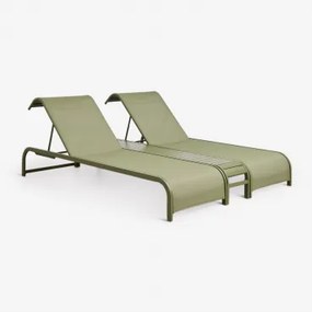 Set Van 2 Verstelbare Ligstoelen En Bijzettafel Van Staal Marietta Groen – Intens Olijf - Sklum
