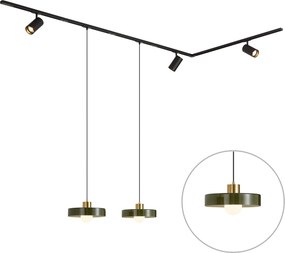 Modern railsysteem zwart met 2 hanglampen groen en 3 spots 1-fase - Iconic Jeana Luxe Jina