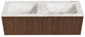 Mondiaz Kurve-dlux 130cm badmeubel walnut met 2 lades en wastafel leaf dubbel zonder kraangat frappe