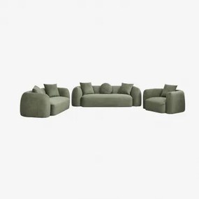 Woonkamerset Met Modulaire 3-zitsbank, 2-zitsbank En Fauteuil In Chenille Coco Chenille Saliegroen - Sklum