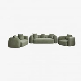 Zitkamer Set Met Modulaire 3-zitsbank, 2-zitsbank En Fauteuil In Coco Chenille Stof Chenille Groen – Salie - Sklum