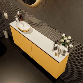 Mondiaz Fowy toiletmeubel 120cm ocher met gele waskom links en kraangat