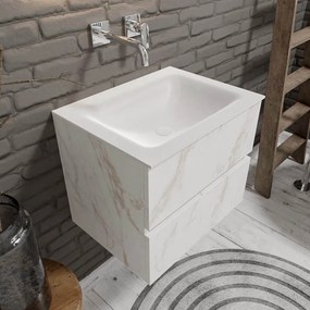 Zaro Valencia Solid Surface badkamermeubel 60cm wit marmer zonder kraangat met 2 lades