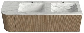 Mondiaz Kurve-dlux 145cm badmeubel ronding links dusk met 1 lade en deur en wastafel leaf dubbel/rechts 2 kraangaten opalo