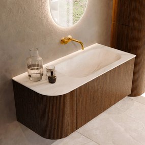 Mondiaz Kurve-dlux 105cm badmeubel ronding links dusk met 1 lade en deur en wastafel big small rechts zonder kraangat ostra