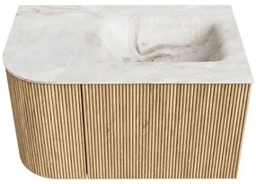 Mondiaz Kurve-dlux 75cm badmeubel ronding links oak met 1 lade en deur en wastafel grunne kraangat rechts frappe