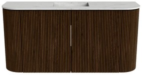 Mondiaz Joya DLux 85cm toiletmeubel ronding links/rechts walnut met wastafel faye midden 1 kraangat opalo
