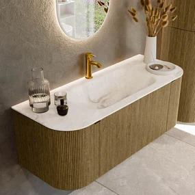 Mondiaz Kurve-dlux 120cm badmeubel ronding links/rechts dusk met 1 lade en 2 deuren en wastafel big small midden 1 kraangat frappe