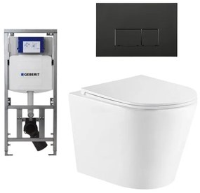 QeramiQ Dely Toiletset - 36.3x51.7cm - diepspoel - rimless - Geberit UP320 Burda inbouwreservoir - softclose toiletzitting - mat zwarte bedieningsplaat - rechtehoekige knoppen - wit mat SW543432/0701131/SW706193