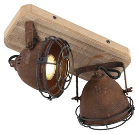 Industriële Spot / Opbouwspot / Plafondspot roestbruin met hout kantelbaar 2-lichts - Gina Industriele / Industrie / Industrial GU10 Binnenverlichting Lamp