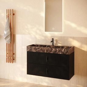 Muebles Murcia badmeubel ribbelfront 100cm zwart mat met Dark Emperador wastafel met kraangat