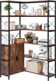 VEVOR 6-laags hoekschap, hoge hoekstandaard met deuren, L-vormig opbergrek met metalen frame en houten planken, staande boekenplank voor slaapkamer, woonkamer, kantoor, bruin