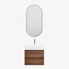Badkamermeubelset Van Hout En Essenhoutfineer Met Geïntegreerde Wastafel Ona Donker Hout & Ovale Led En Anticondens Zwart 50x100 Cm Asteiro - Sklum