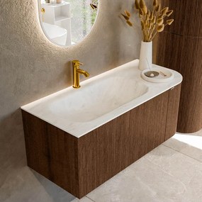 Mondiaz Kurve-dlux 105cm badmeubel ronding rechts walnut met 1 lade en deur en wastafel big small kraangat links opalo