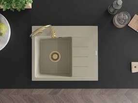 Mexen Ben granitische spoelbak met 1 bak en afdruiprek, links, 600 x 500 mm, beige, gouden sifon - 6522605000-69-G