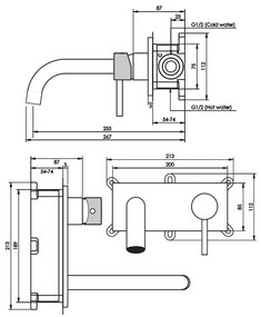 Brauer Gold Carving inbouw wastafelkraan plaat met gebogen uitloop, lange handgreep en ColdStart geborsteld messing PVD rechts