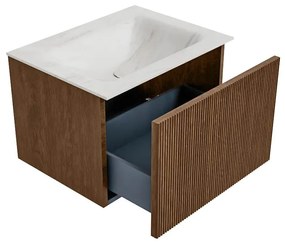 Mondiaz Kurve-dlux 60cm badmeubel walnut met 1 lade en wastafel cloud midden zonder kraangat ostra