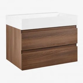 Ona Zwevend Badkamermeubelset Van Hout En Essenfineer Met Geïntegreerde Wastafel Donker Hout & Spiegelloze & Zonder Kraan & ↔︎ 80 Cm - Sklum