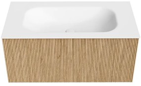 Mondiaz Kurve 90cm badmeubel oak met 1 lade en wastafel big small midden zonder kraangat