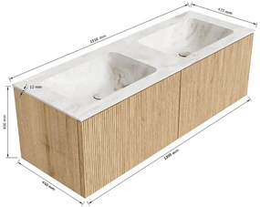 Mondiaz Kurve-dlux 130cm badmeubel walnut met 2 lades en wastafel leaf dubbel 2 kraangaten glace