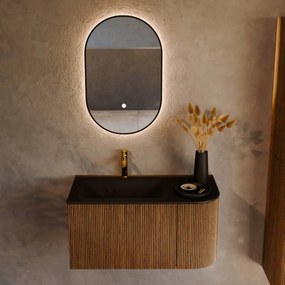 Mondiaz Kurve 85cm badmeubel ronding rechts dusk met 1 lade en deur en wastafel cloud kraangat links urban