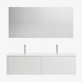 Conjunto Vaniteit Hangend 160x50 Cm In Hout Met Geïntegreerde Waskommen Noura Wit & Rectangular Led And Antifog 160x75 Cm Riben & 2 X Geborsteld Grijs