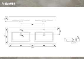 Brauer Solar Thick dubbele wastafel mineraalmarmer 140cm met 2 kraangaten wit glans