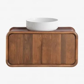 Muurhangende Badkamermeubelset 90x45 Cm Van Mangohout Maupaul Rond Keramiek Wit Ø40 Cm Lenka & Zonder Kraan & Donker Handvat Hout - Sklum