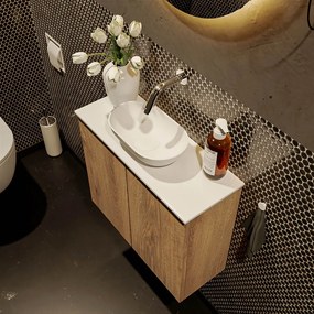 Mondiaz Fowy toiletmeubel 60cm washed oak met witte waskom midden zonder kraangat