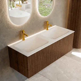 Mondiaz Kurve 120cm badmeubel walnut met 1 lade en wastafel cloud dubbel 2 kraangaten