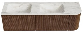 Mondiaz Kurve-dlux 155cm badmeubel ronding rechts walnut met 2 lades en 1 deur en wastafel leaf dubbel/links 2 kraangaten ostra