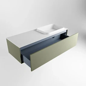 Mondiaz Erin 120cm badmeubel Army met 1 lade en witte wastafel rechts zonder kraangaten