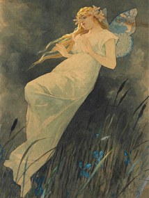 Kunstreproductie The Elf in the Iris Blossoms (Vintage Art Nouveau) - Alfons Mucha, (30 x 40 cm)