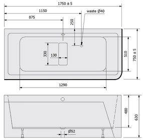 Polysan Marlene Curve ligbad links 175x75x63cm wit