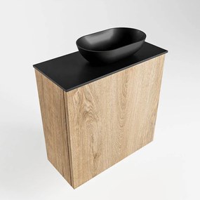 Mondiaz Fowy toiletmeubel 50cm washed oak met zwarte waskom rechts en kraangat