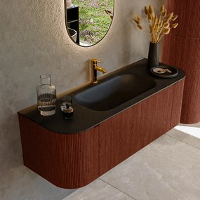 Mondiaz Kurve 130cm badmeubel ronding links/rechts ruby met 1 lade en 2 deuren en wastafel big small midden 1 kraangat urban