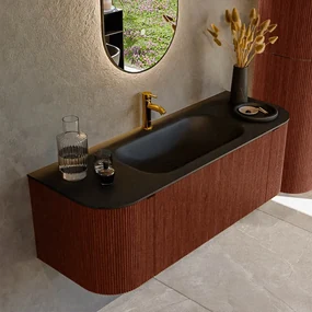 Mondiaz Kurve 130cm badmeubel ronding links/rechts ruby met 1 lade en 2 deuren en wastafel big small midden 1 kraangat urban
