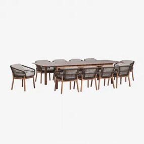 Rechthoekige Uitschuifbare Eettafelset Duala 250-310x105 Cm En 10 Eetkamerstoelen Van Acaciahout En Gevlochten Touw Karvia Acacia Bruin & Hazelnootbru