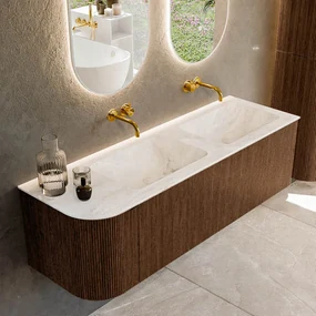 Mondiaz Kurve-dlux 145cm badmeubel ronding links walnut met 1 lade en deur en wastafel leaf dubbel/rechts zonder kraangat frappe