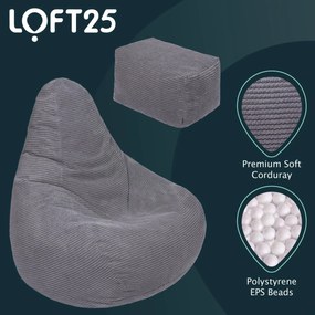 Highback Zitzak Stoel incl. Poef Corduroy Stof - Charcoal