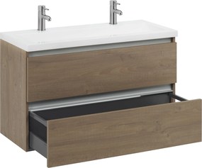 Saqu Gaia ondiep badmeubel incl. glans witte wastafel met 2 kraangaten 100x40x64cm toffee – aluminium greeplijst